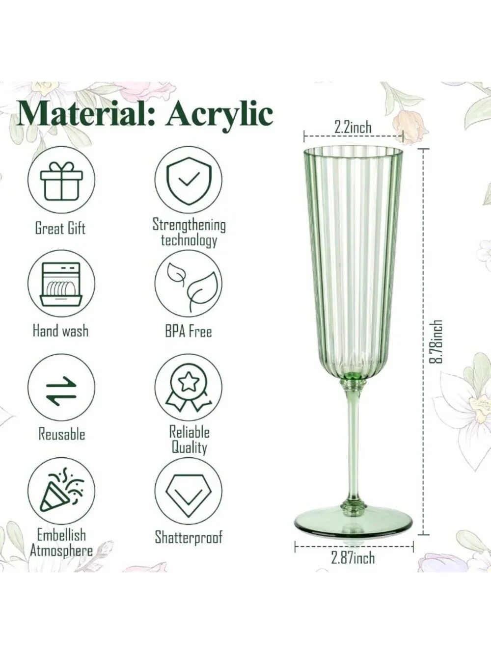 48 Pack Sage Green Unbreakable Champagne Flutes - Ribbed Disposable Wine Glasses